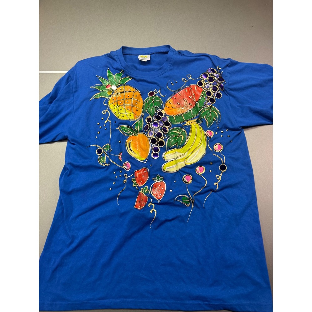 Vintage 90s Puff Paint Fruit T-Shirt Blue Hand Painted Jewels Shoulder Pads USA